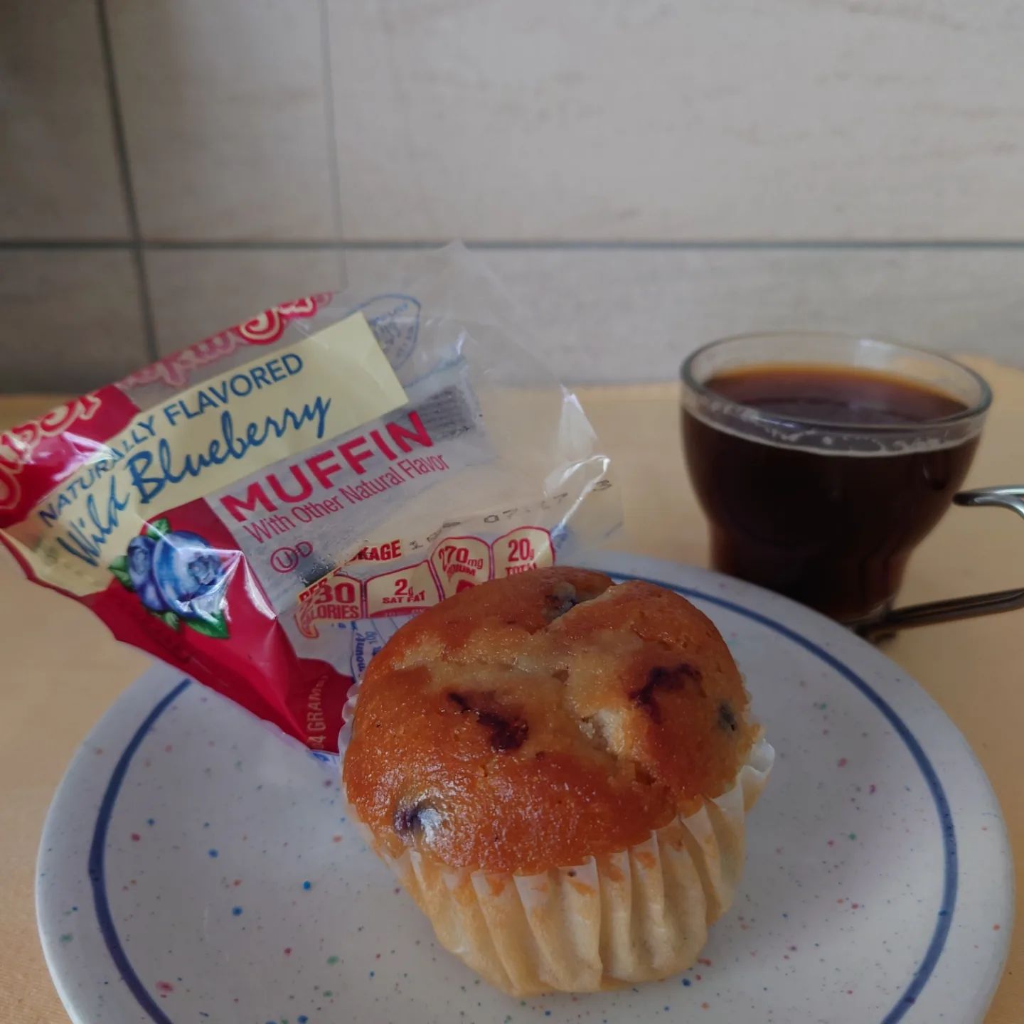 The pre-packaged blueberry muffin with coffee 2022
